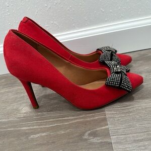 Chic Red Heels with Studded Bow